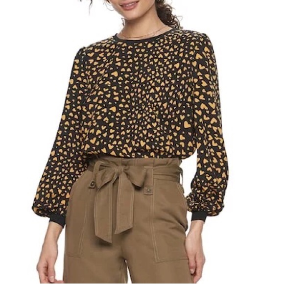 POPSUGAR Tops - POPSUGAR Black and Mustard Heart Print Long-Sleeve Blouse